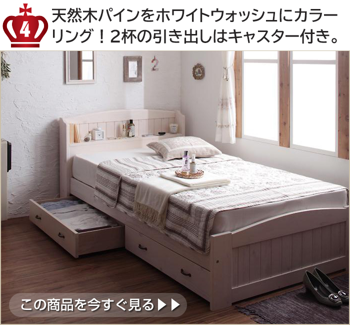 天然木パインをホワイトウォッシュにカラーリング!2杯の引き出しはキャスター付き。